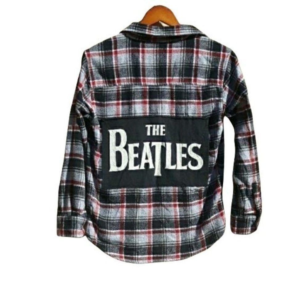 Vtg 80's Upcycled Flannel‎ Top "The Beatles" Logo Tartan Plaid Pullover Black